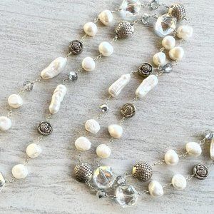 36'" long Pearl, glass beads, silver roses, wire wrapped Bojo necklace